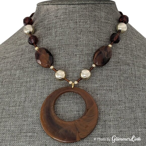 Boho Brown & Gold Tone Beaded Donut Pendant Necklace - Picture 1 of 9